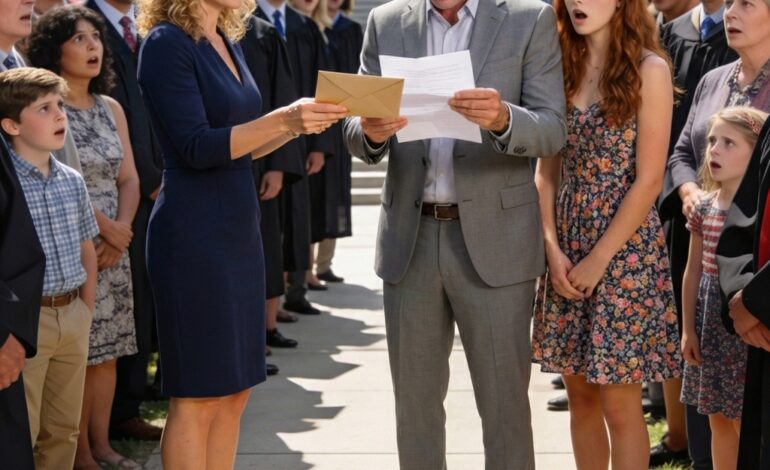 At our daughter’s graduation, my husband announced, ‘I’ve decided to start a new life without you.’ His young girlfriend was sitting with him. I smiled: ‘Congratulations on your honesty.’ Then I handed him an envelope. When he opened it, he started screaming…