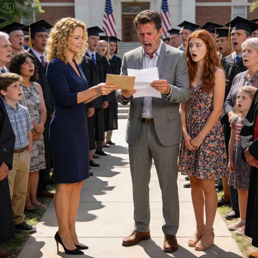 At our daughter’s graduation, my husband announced, ‘I’ve decided to start a new life without you.’ His young girlfriend was sitting with him. I smiled: ‘Congratulations on your honesty.’ Then I handed him an envelope. When he opened it, he started screaming…