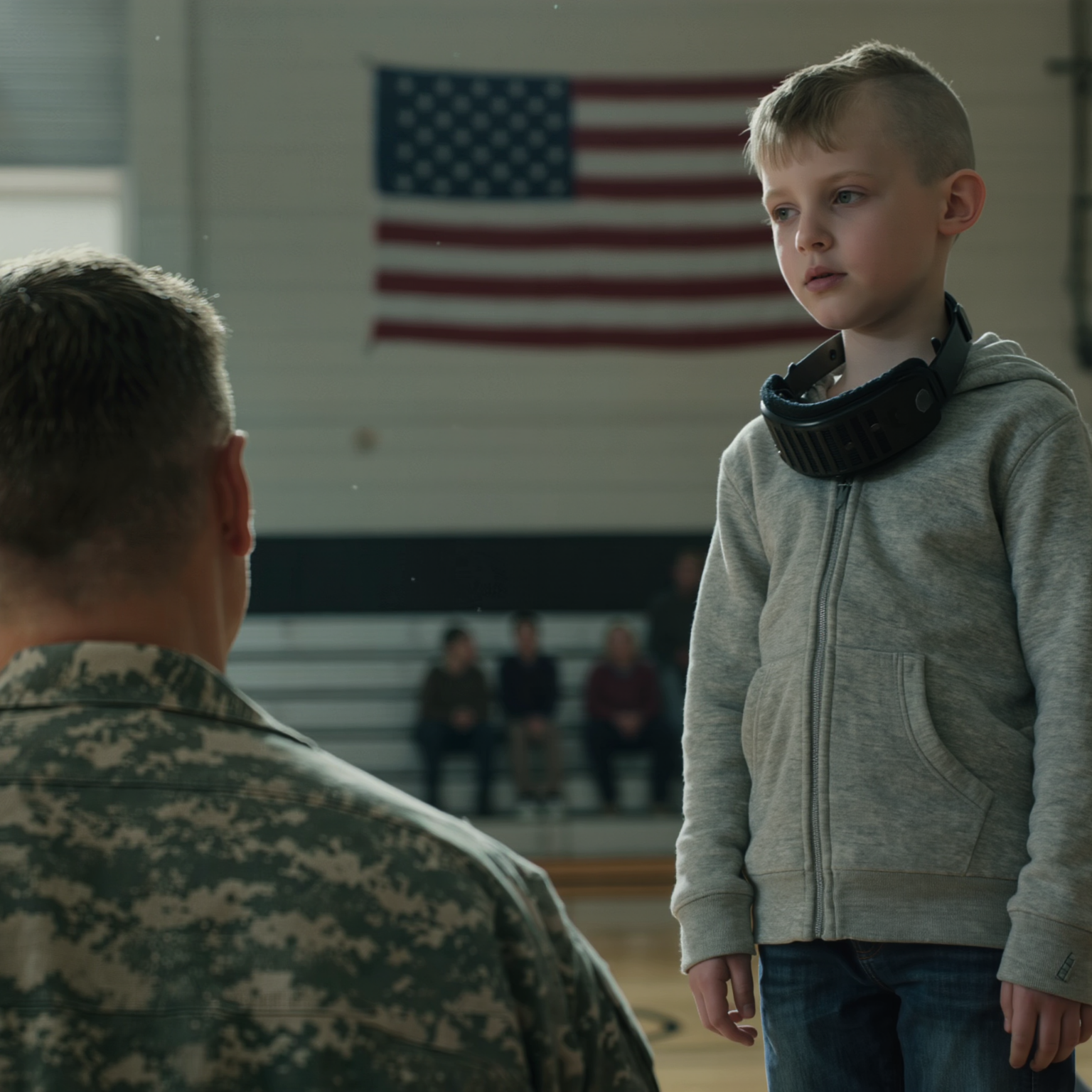 The “homecoming” at Fort Hood was supposed to be happy, but I saw my daughter hiding behind the bleachers: her hair shaved in patchy spots, a device on her neck that looked like a dog training shock collar… She whispered, “Daddy… Mom made me call her boyfriend ‘father’… if I don’t, he presses the button,” then said I was being called a coward soldier. I didn’t lose my temper on the spot—because something even scarier had just formed in my mind: the plan I’d just come up with.