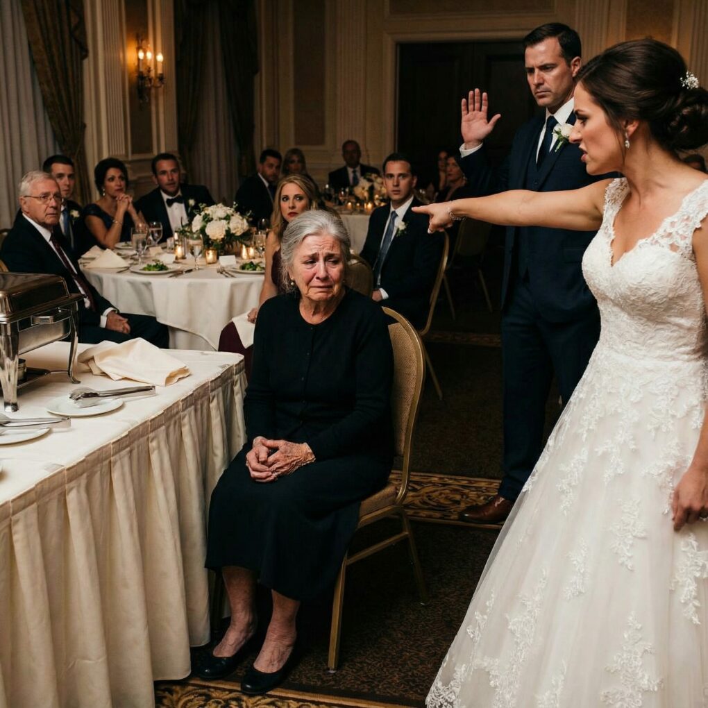 I stood frozen in the middle of my own son’s wedding when she sneered, “Don’t just stand there. Sit with the staff.” Laughter rippled through the room as she dragged a chair to the corner, treating me like a servant. My hands trembled—until a calm voice cut through the noise. “Stop this wedding. She deserves to know who this woman really is.” What happened next shattered every lie… and changed my son’s life forever.
