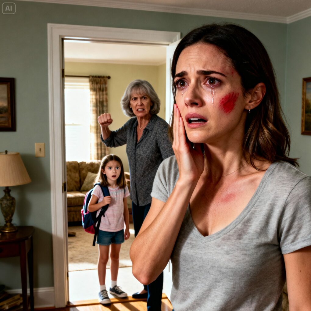 My vision narrowed into crimson droplets soaking into the beige rug as mom’s handprint burned across my cheek. My eight-year-old daughter stood frozen in the doorway, witnessing what I’d spent years protecting her from. Something inside me—something that had bent and yielded for years—suddenly hardened. Family chains finally shattered.