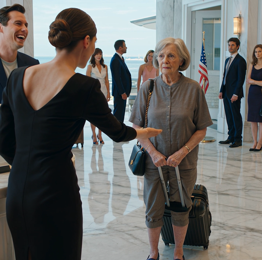 On the family vacation, my daughter-in-law yelled at the hotel clerk: “Don’t talk to the old lady — she’s just the maid!” My son burst out laughing. She had no idea I owned the hotel. What I did next sent her into a panic… the shrew froze in shock.