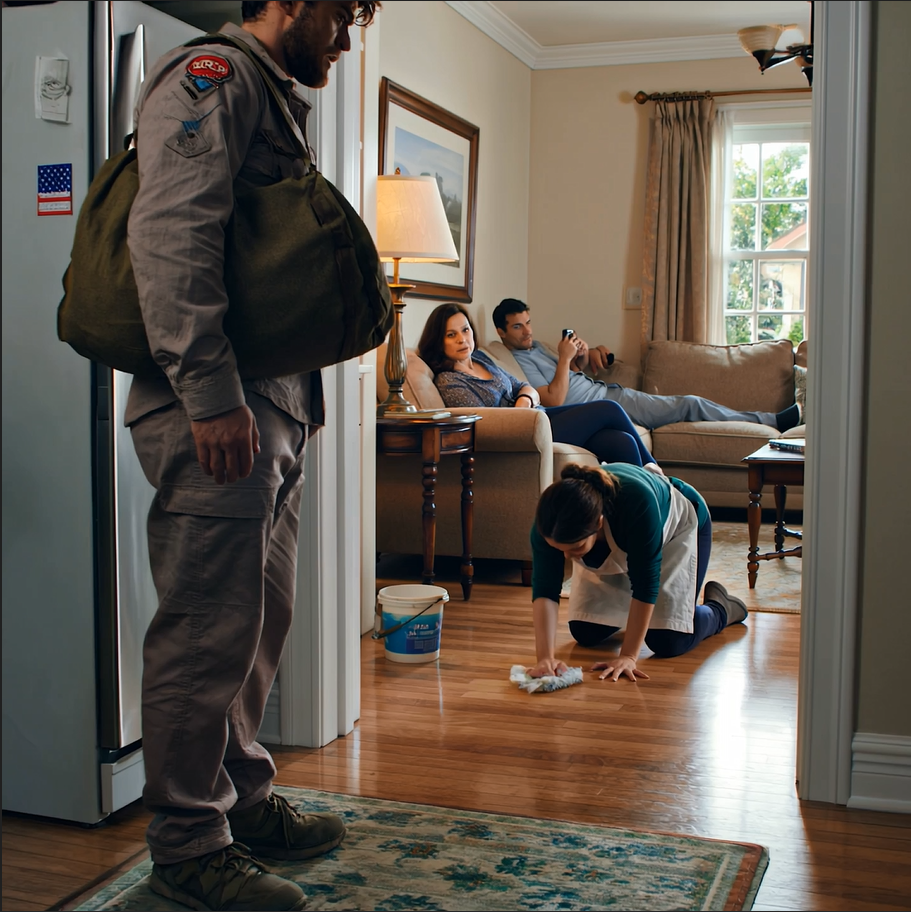 My son returned from 5 years of military deployment and wanted to surprise me. But as he opened the door, he saw me living as a maid in the house my husband and I bought before he died. He asked, confused, “Mom, is this you?” His wife and her family had taken everything from me, and when my son realized what they’d turned his own mother into, he stormed into the room and said, “This ends now.” No one in that living room expected what happened next.