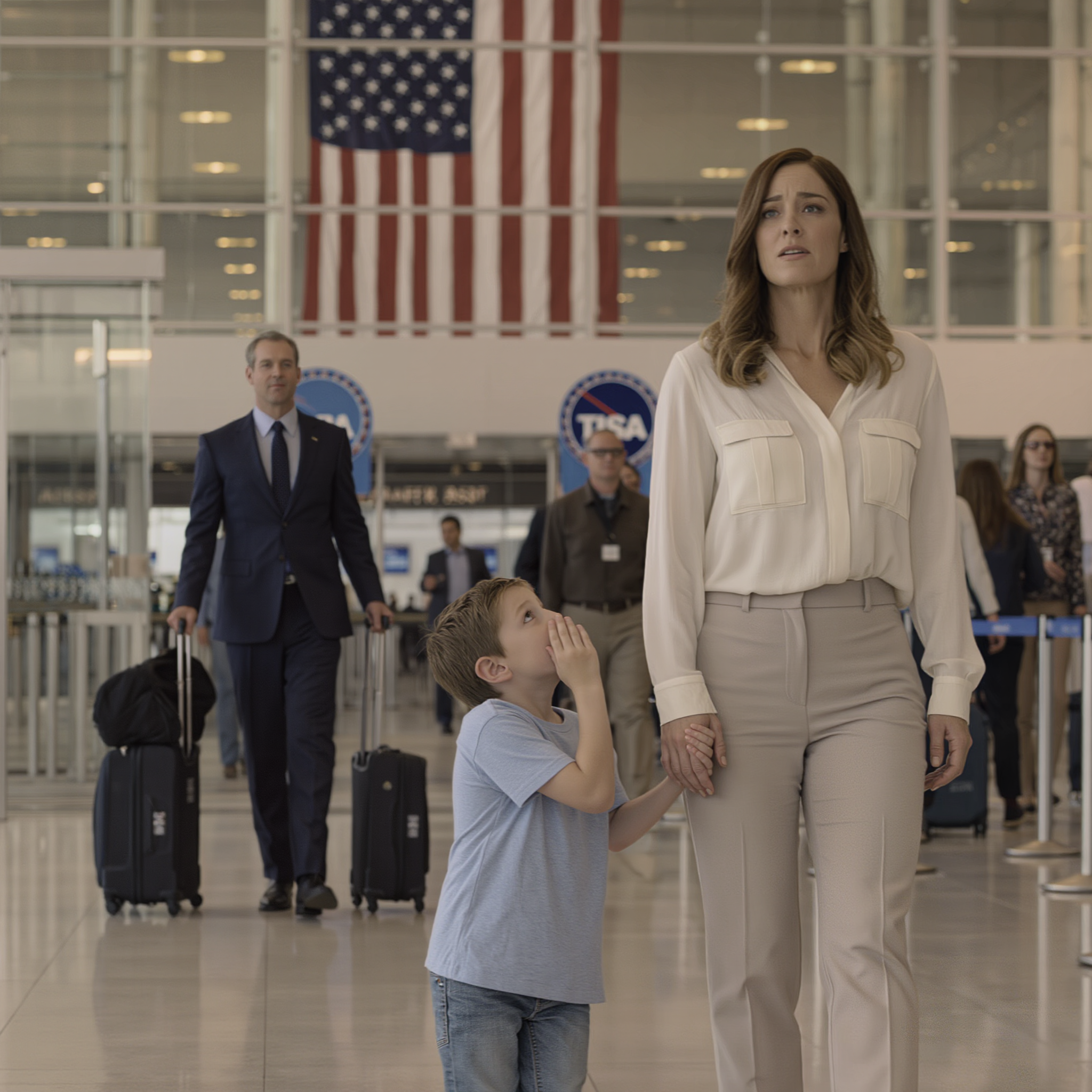 After my husband boarded a plane for a business trip, my six-year-old suddenly tugged my hand and whispered, “Mom… we can’t go back home. This morning I heard Dad on the phone, talking about something that involves us—and it didn’t sound right.” So we didn’t go back. We stayed somewhere quiet, trying to breathe and act like everything was normal. Then I looked up and saw… and my heart felt like it was being squeezed tight.