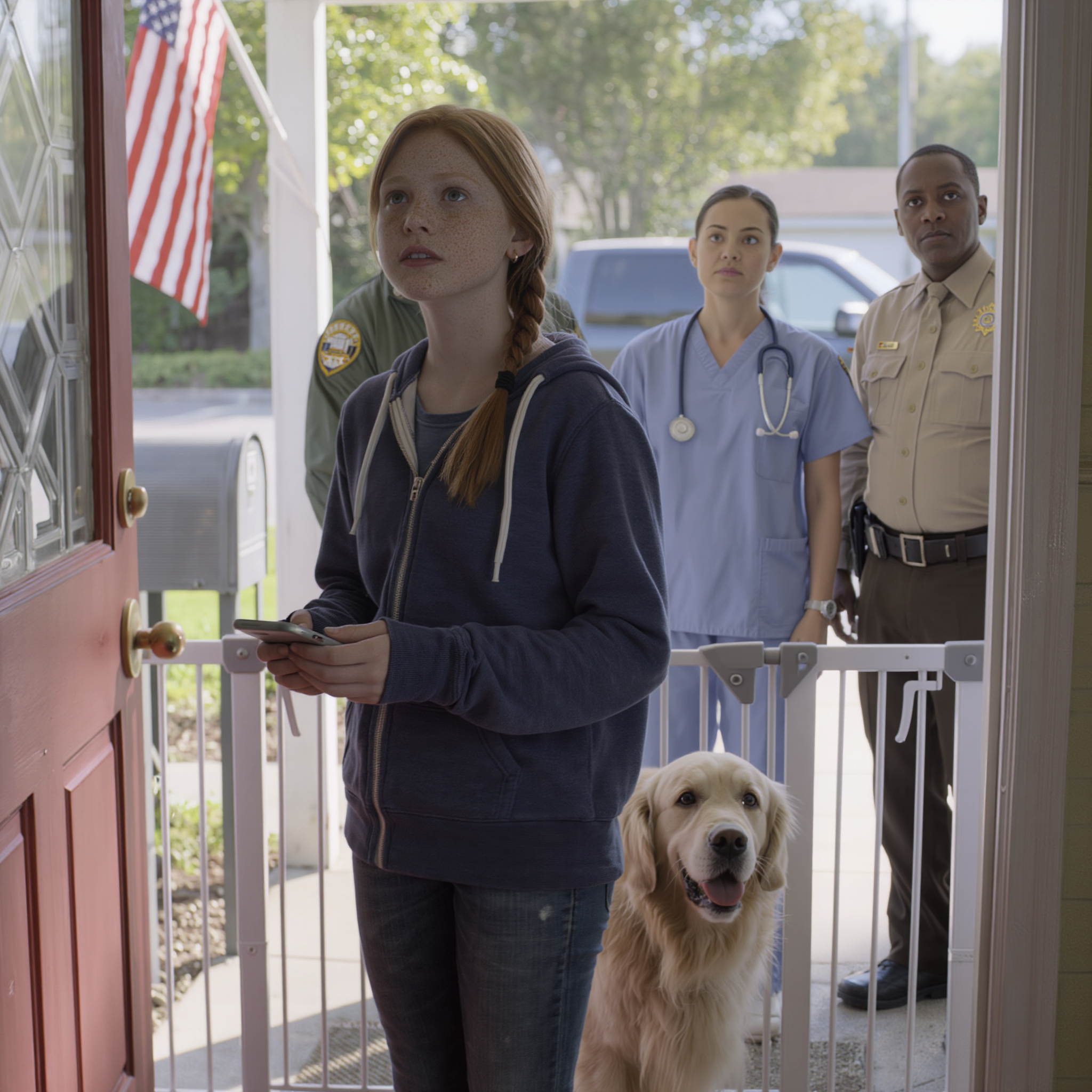 My parents banned medicine for our 12-year-old golden retriever—“nature only”—then his eyes changed, his pacing turned frantic, and I started locking my bedroom door at night. I saved videos, snapped photos of the prescription label, and told one trusted teacher. Forty-eight hours later, a county officer, a veterinarian, and a deputy stood under our porch flag with a warrant… and my parents finally heard one word that froze them.