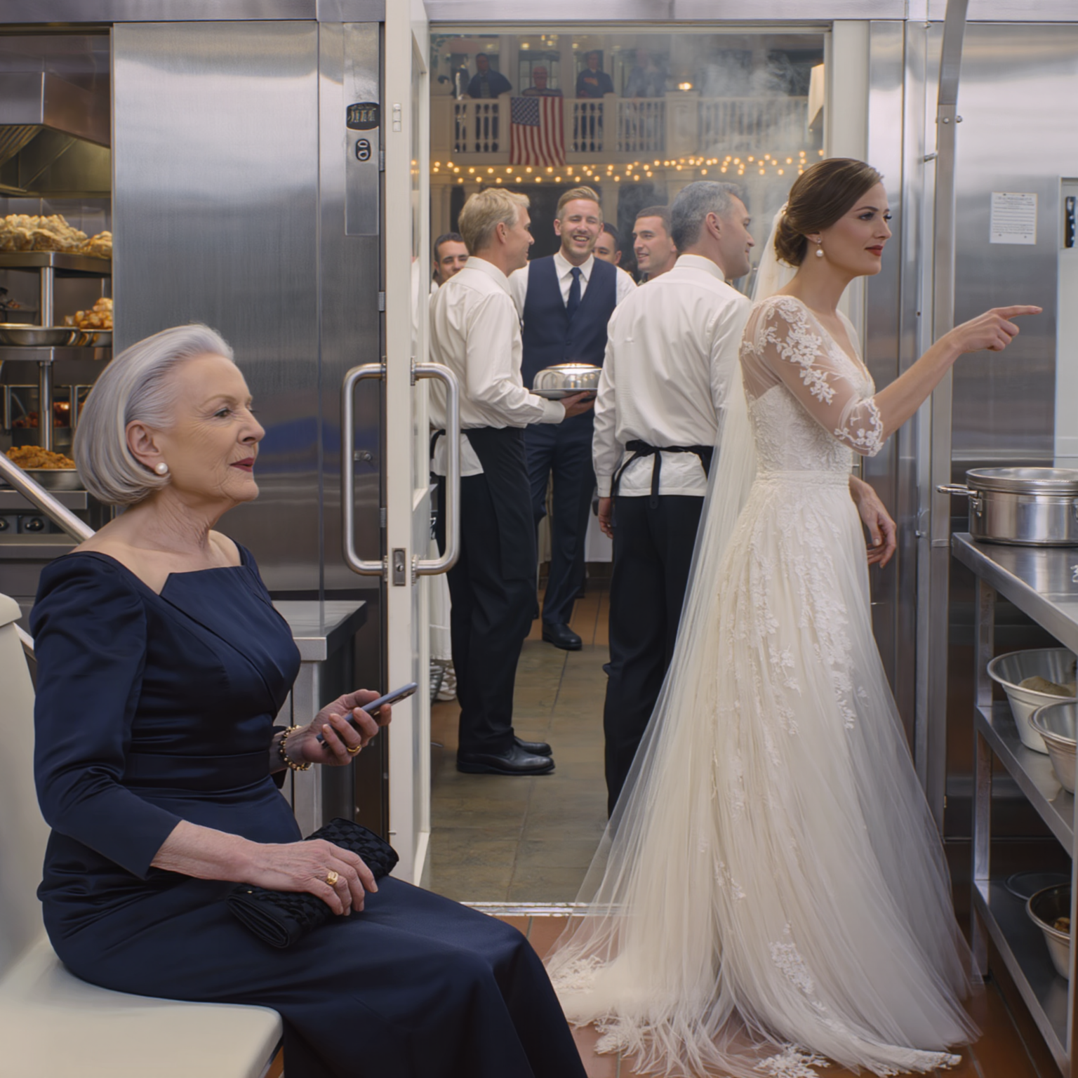 At my son’s wedding, the bride pointed to the back door and said, “The servants eat in the kitchen.” My son saw me standing there and turned away. So I smiled, sat down in the spot they’d assigned me, and quietly made a phone call that instantly froze the multi-million dollar deal they were discussing outside.