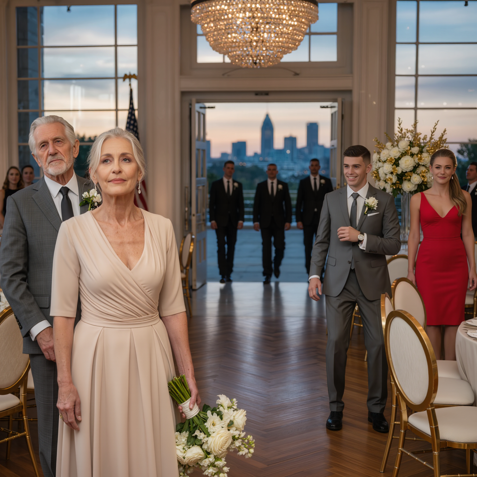 At my own wedding, my son and daughter-in-law tried to humiliate my new husband in front of 400 guests: “This is my stepfather?” The whole hall laughed like it was a show. I didn’t cry—I looked them in the eye and said one sentence that silenced the room. Then a few men in suits walked in through the back doors… and nobody expected who they were there for.