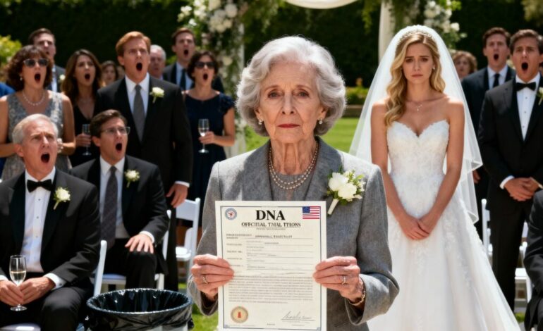 AT MY SON’S WEDDING, THEY REPLACED MY SEAT WITH A TRASH CAN. “IT’S JUST A JOKE, DON’T BE SO DRAMATIC!” MY DAUGHTER-IN-LAW SAID. EVERYONE LAUGHED. BUT WHEN I REVEALED THE DNA TEST OF MY “GRANDSON,” THE GUESTS WERE STUNNED! THE SHREW HAD NOWHERE TO HIDE!