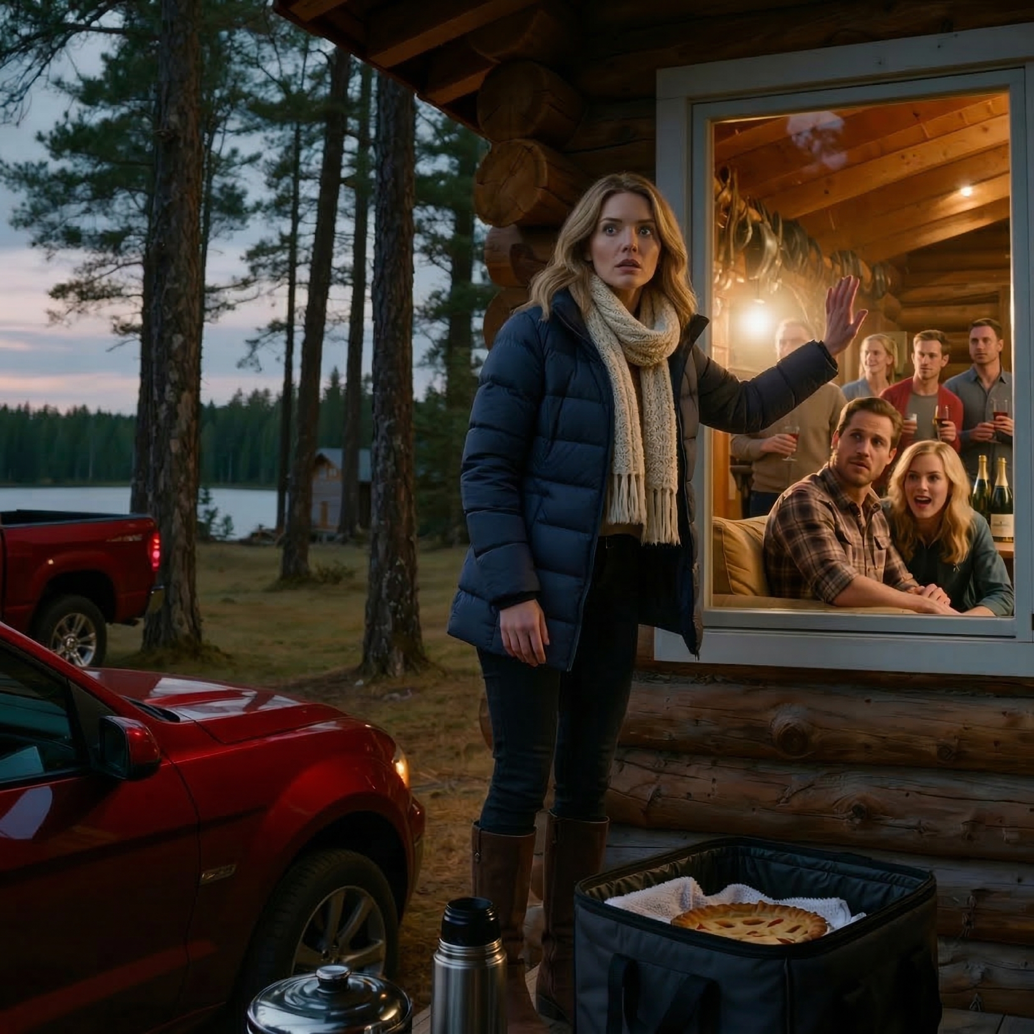 Jag körde in i skogen i Minnesota med min mans varma födelsedagsmiddag i baksätet, och innan jag någonsin rörde vid stugdörren berättade en röd sportbil, klubbmusik och kvinnor som skrattade genom tallarna att mitt äktenskap hade ljugit för mig för en lång tid.