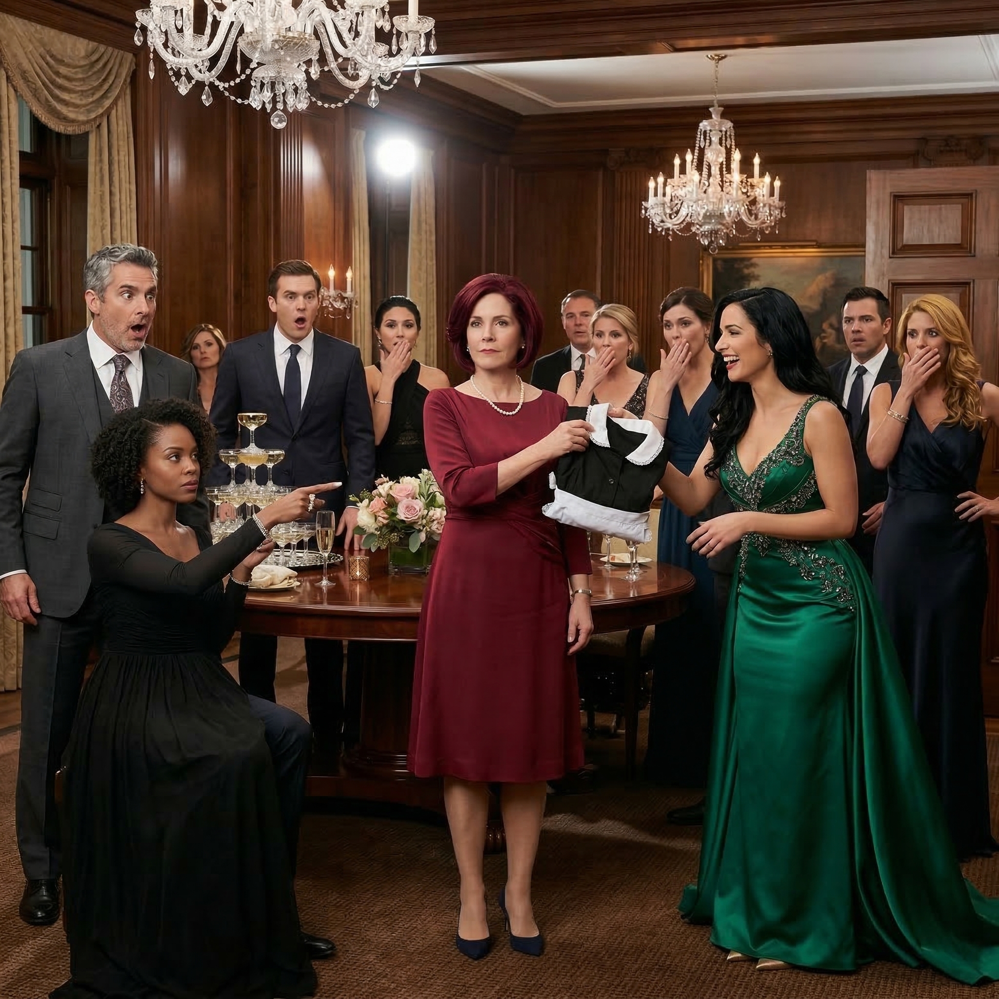 Jag kom till min sons förlovningsfest klädd med stolthet, men hans fästmös rika familj såg mig upp och ner som om jag var smutsig. Sedan log hennes mamma, slängde en piguniform i mina armar och sa: ‘Eftersom du klär dig så tydligt kan du lika gärna förtjäna din plats här.’ Rummet utbröt i skratt—tills jag lugnt lade ner uniformen och sa, ‘Roligt… för den här restaurangen tillhör mig.’ Och i det ögonblicket försvann varje leende.