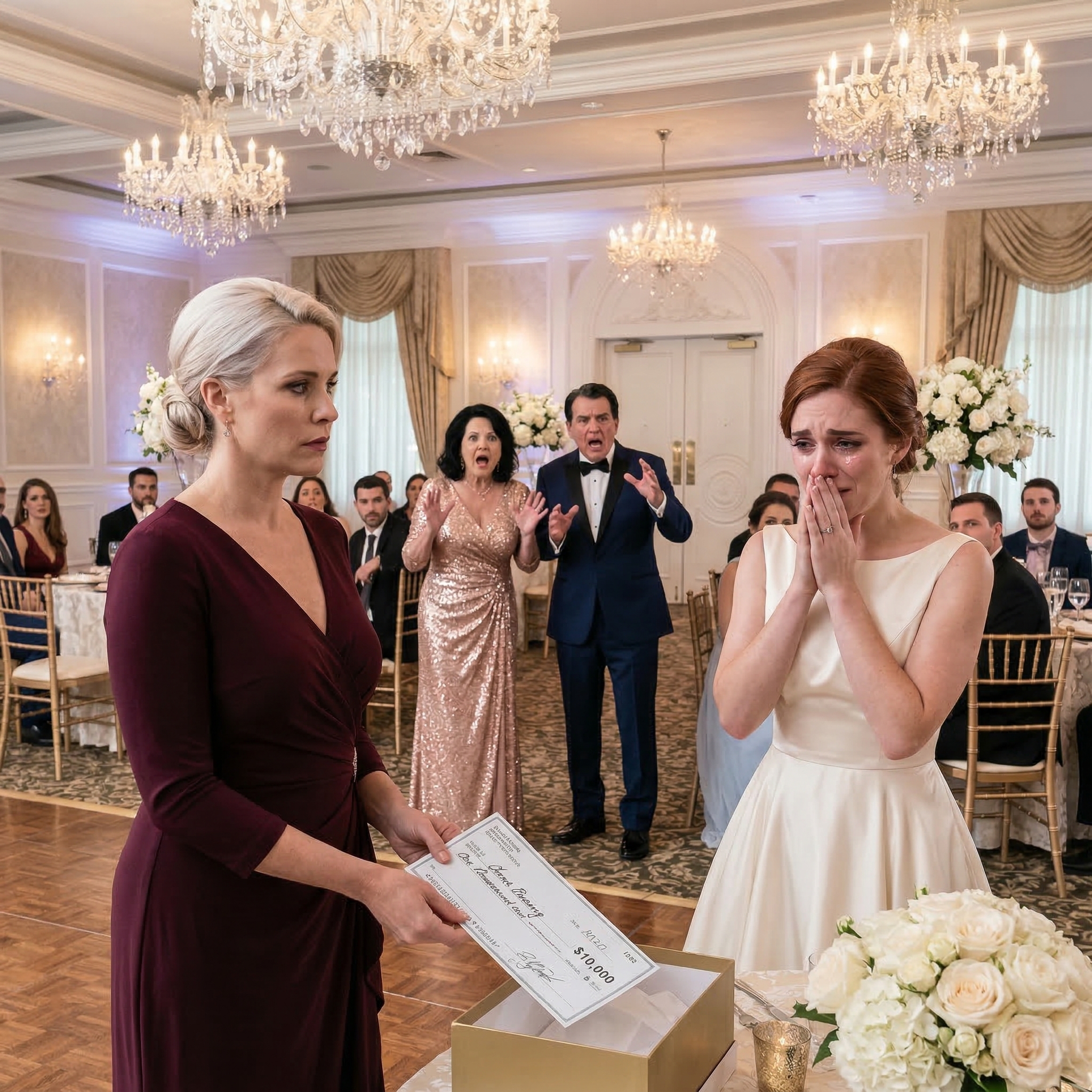 Jag stirrade på platskortet i min hand, visst måste det vara ett misstag, tills mamma lutade sig in och viskade, “Det betyder ingen plats vid familjens bord.” Mitt bröst blev kallt. Minuter senare stod jag vid presentbordet, drog tillbaka min check på 10 000 dollar och sa: “Eftersom jag bara är en artighet, så är det här.” Sedan sprang min syster efter mig i sin brudklänning och skrek mitt namn—men…