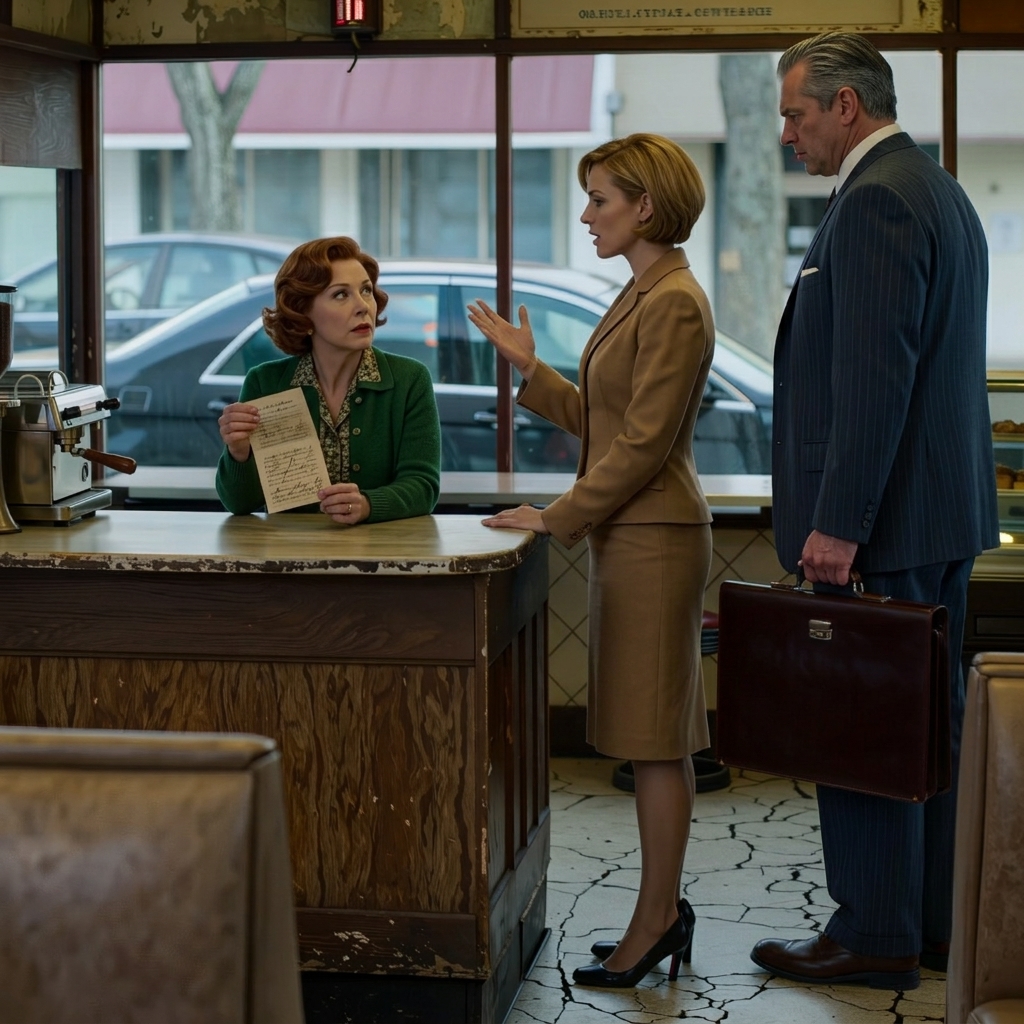 Den sista eftermiddagen innan marschaller kedjade fast min mormors kafé stod jag och höll i ett vräkningsbesked och hennes sista receptkort när en svart Mercedes stannade utanför, korsade en Armani-klädd främling mitt spruckna linoleum och sa tyst, “Mrs. Noise, FBI är positionerat för att arrestera din syster för mord”— medan den tysta mannen bredvid henne stirrade på mig som om han bar på tjugoen år av oavslutad skuld.