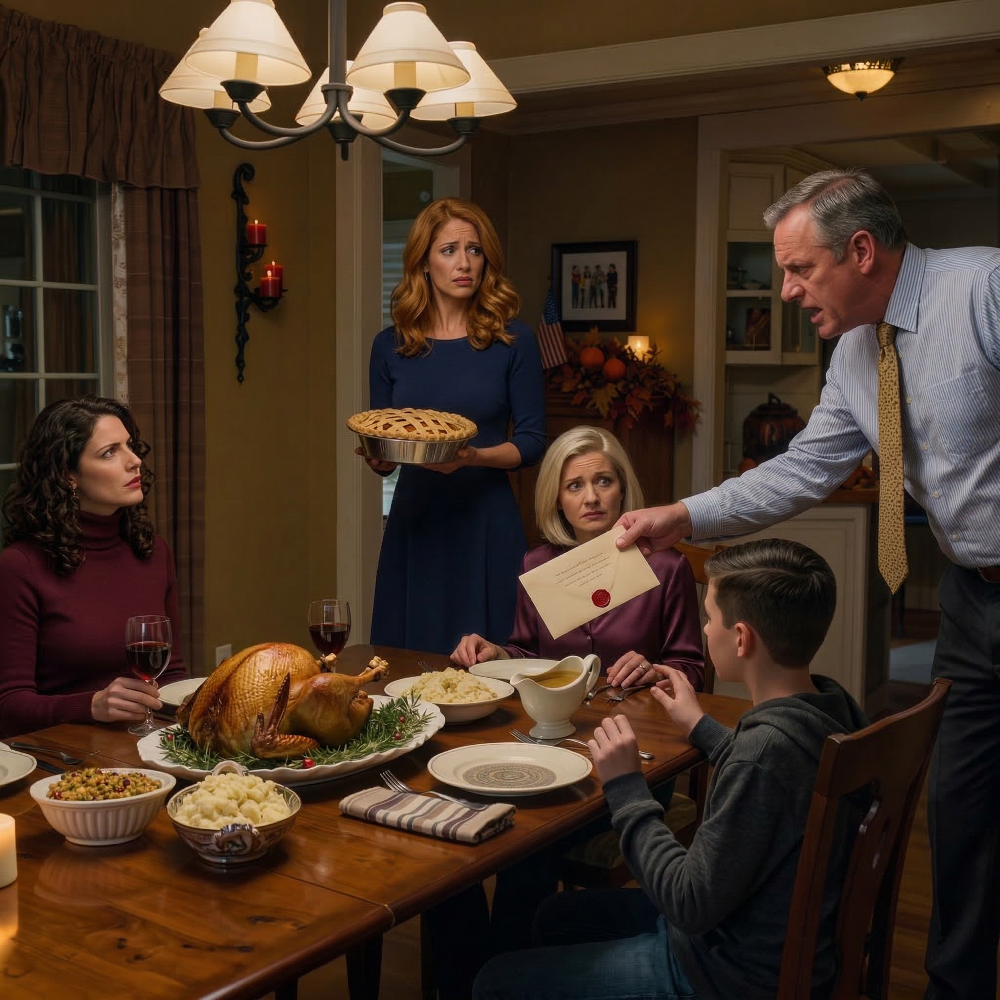 Även efter år av spänning med min familj bjöd jag fortfarande in mina föräldrar och min yngre bror till Thanksgiving i själva huset som min farfar lämnade till mig, men mitt under middagen skickade min far en “notis för att utrymma” över bordet precis bredvid potatismos log min mamma och sa, “Sju dagar. Luke behöver det här huset mer,” och jag argumenterade inte ett ord — förrän min närmaste granne gick in med ett förseglat kuvert som ändrade färgen i min fars ansikte