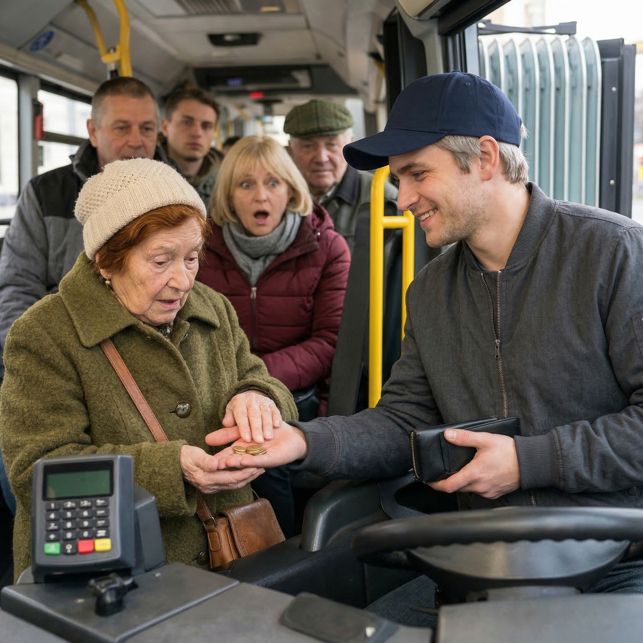 En äldre kvinna kunde inte betala bussbiljetten och bad föraren att stanna fordonet för att fortsätta till fots; Men det den unge föraren gjorde chockade hela bussen