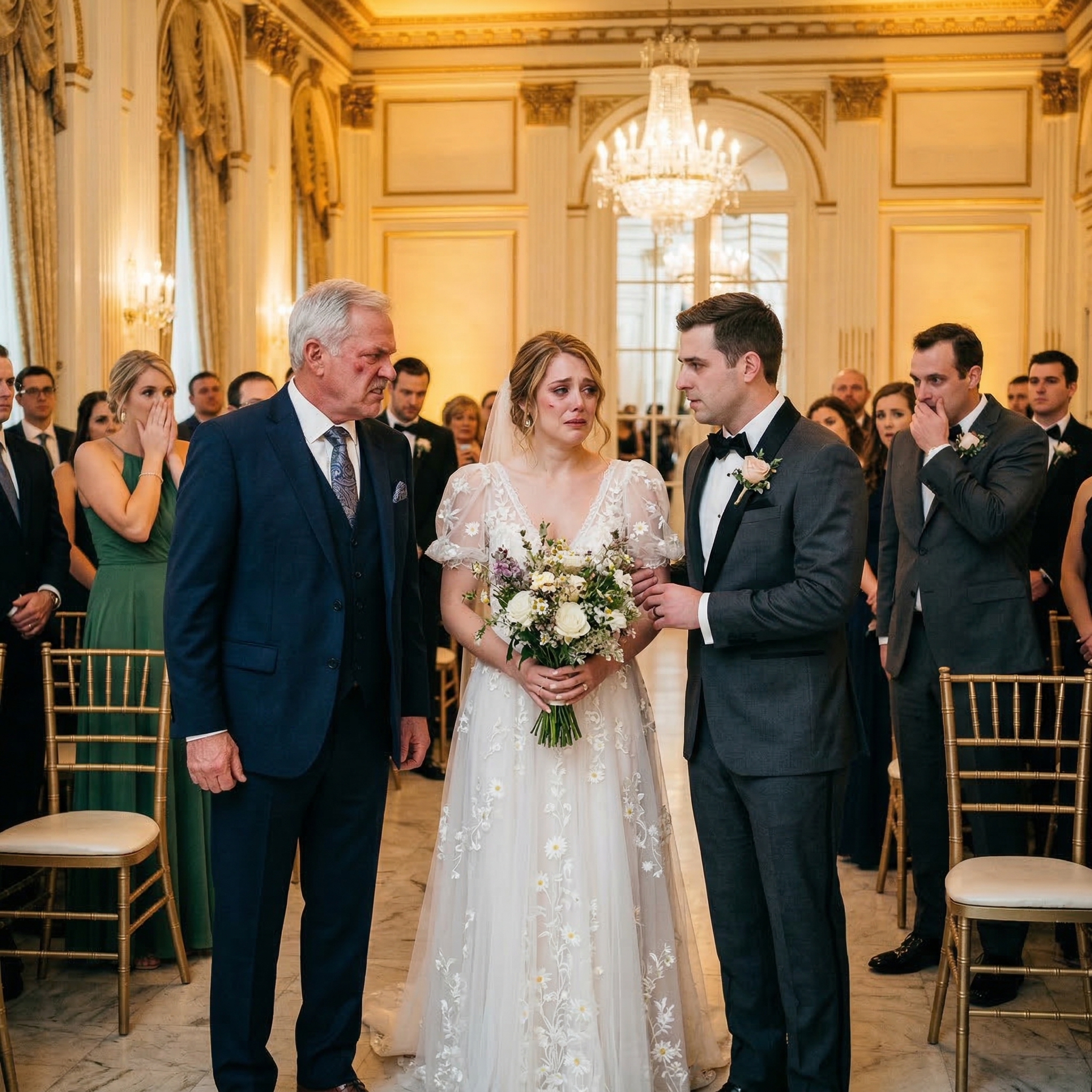 På min bröllopsdag blev min far chockad när han såg blåmärkena i mitt ansikte. “Min kära dotter… vem gjorde detta mot dig?” frågade han, hans röst darrade. Min fästman bara skrattade. “Lär henne bara en läxa i vår familj.” Atmosfären frös. Sedan vände min far tillbaka, kall som stål. “Det här bröllopet är över,” och det är din familj också.