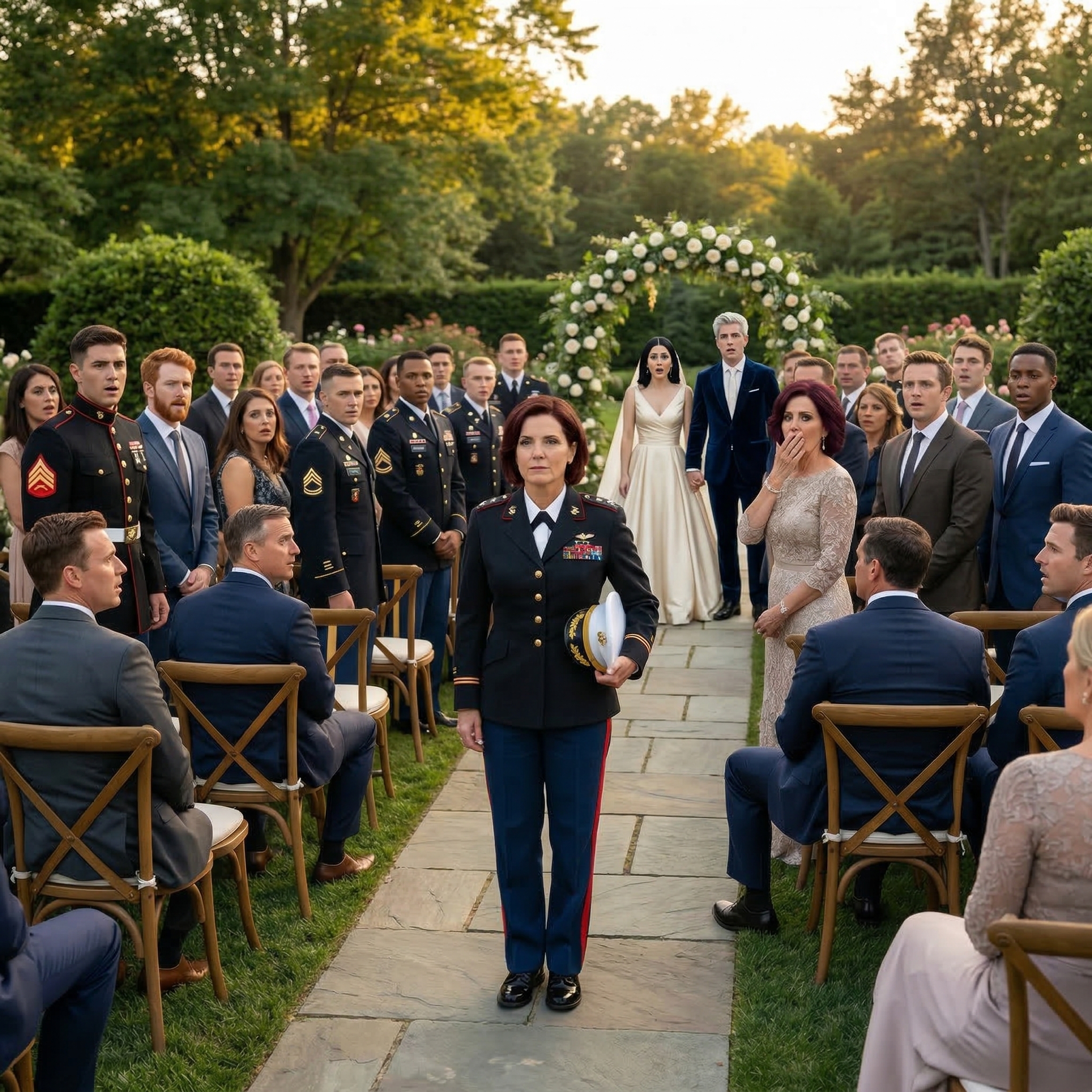 Min familj sa åt mig att inte bära min uniform på min brors bröllop. ‘Soldater är pinsamma.’ Men jag gick in iklädd min helklänningsuniform — två stjärnor på mina axlar, officersmössa i handen. 120 gäster vände sig om för att stirra på mig. 20 marinsoldater reste sig: ‘General på däck!’ DERAS ANSIKTEN BLEV VITA.