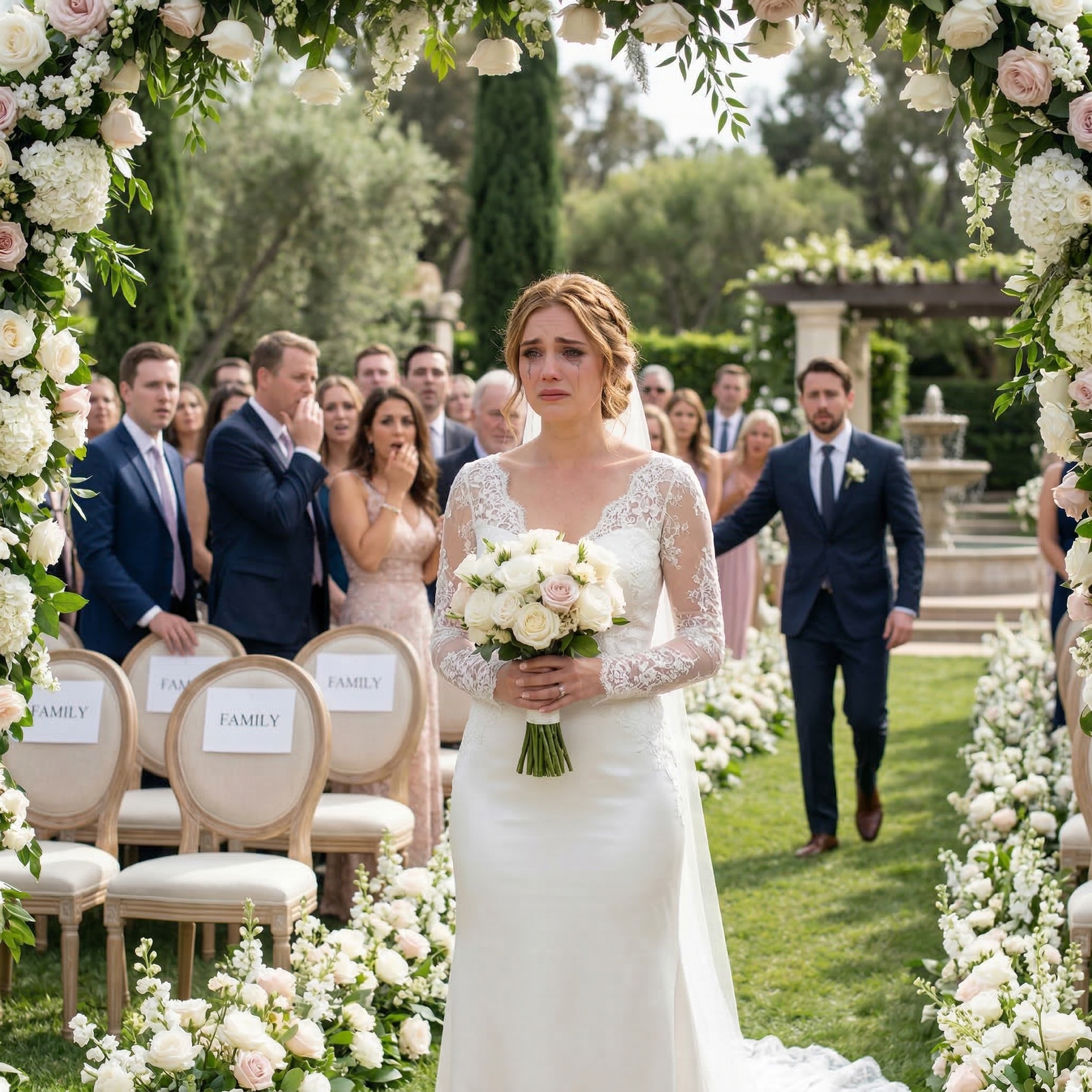 “Var är du?” Viskade jag och stirrade på den tomma första raden på min bröllopsdag. Sedan lyste min telefon upp med meddelandet som krossade mig: “Vi är vid din systers babyshower. Mamma sa att du skulle förstå.” Min far hade lovat att gå mig nerför gången. Istället stod jag där ensam i min brudklänning och försökte att inte bryta inför alla. Jag trodde att det var det värsta… tills ett foto förvandlade min familjs tystnad till absolut kaos.