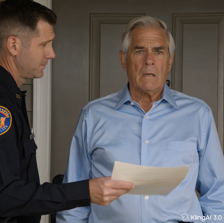 Tidigt samma morgon knackade en biträdande sheriff på min dörr med ett vräkningsbesked. Min svärson stod tvärs över gatan och skrattade och skrek, “Skynda dig, gubbe—det här huset är vårt nu!” Jag tittade lugnt på pappren och ställde en fråga till officeren. Hans ansikte blev blekt.